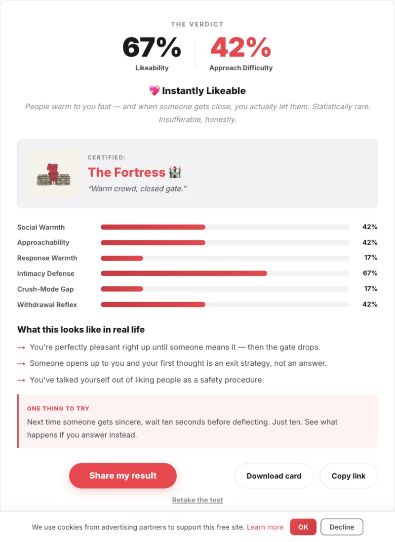 Hard to Love Test result page with two scores, quadrant, type and six dimensions